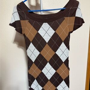 Dots Brown and White Argyle Short Sleeve Top